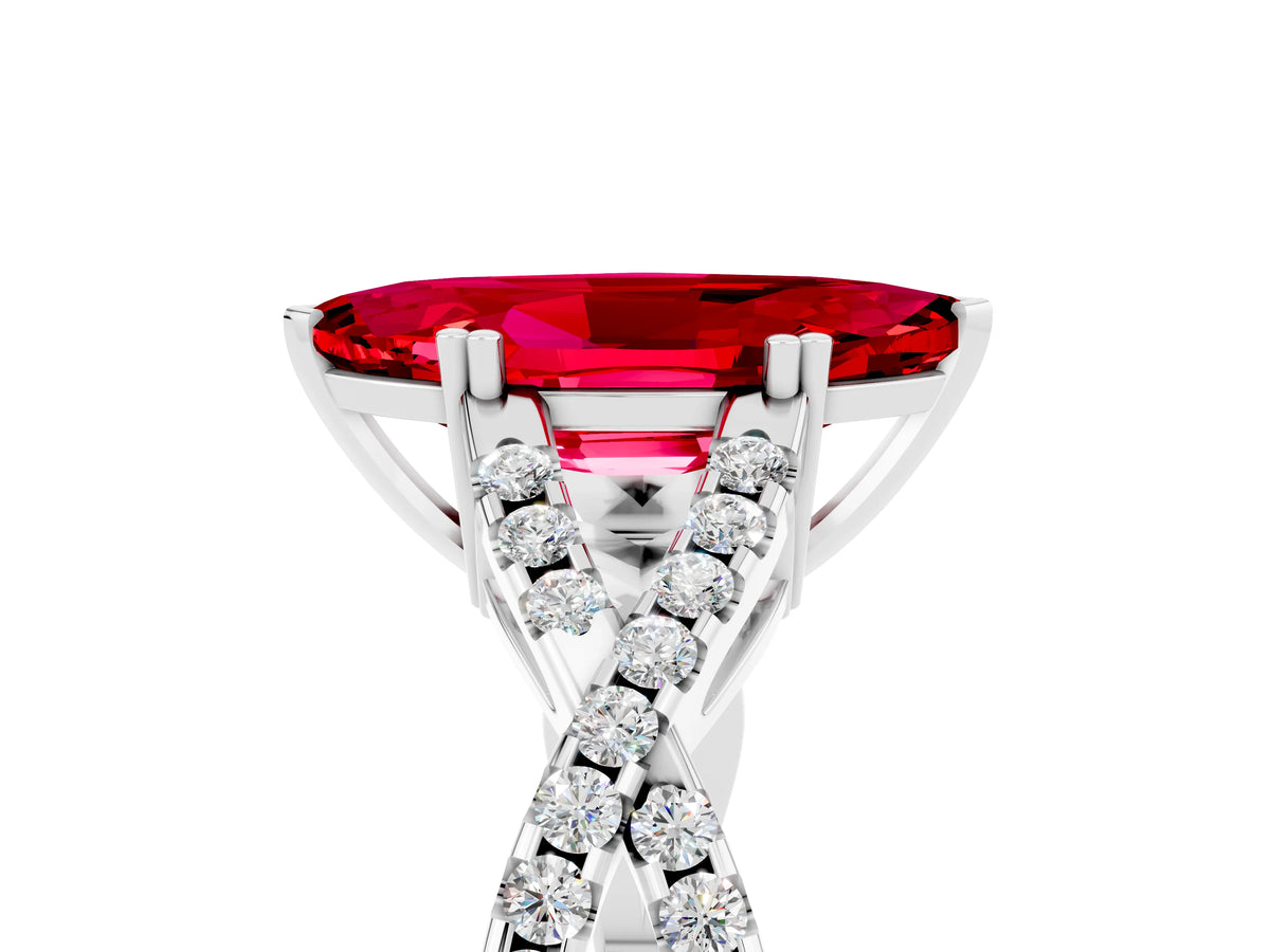 Marquise Cut Ruby Solitaire Ring in White gold with Interwoven Pavé Band and Prong Setting_5