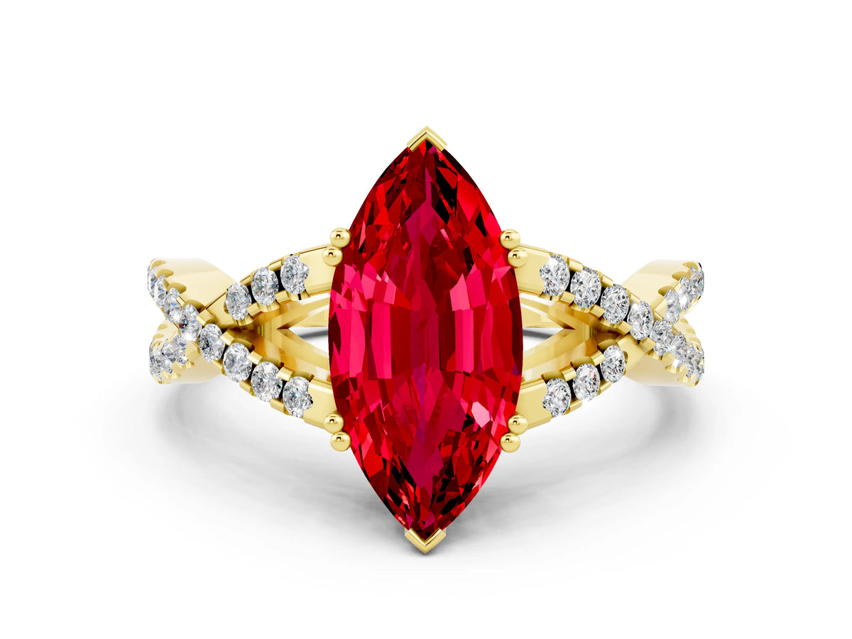 Marquise Cut Ruby Solitaire Ring in Yellow gold with Interwoven Pavé Band and Prong Setting