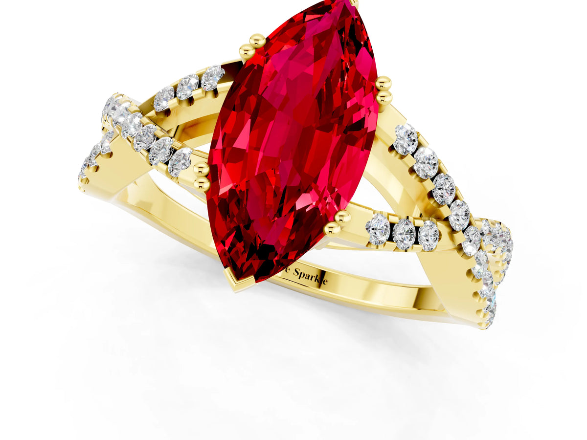 Marquise Cut Ruby Solitaire Ring in Yellow gold with Interwoven Pavé Band and Prong Setting_1