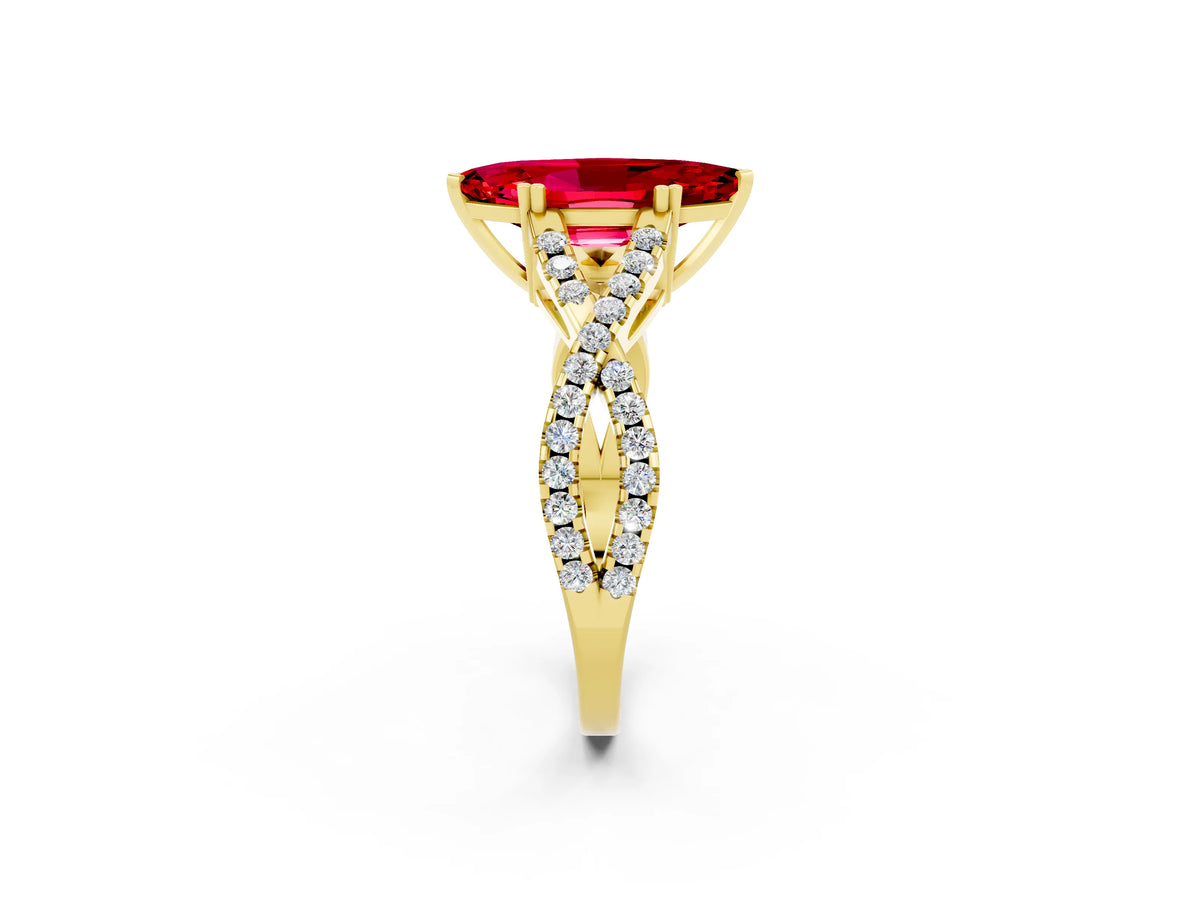Marquise Cut Ruby Solitaire Ring in Yellow gold with Interwoven Pavé Band and Prong Setting_2