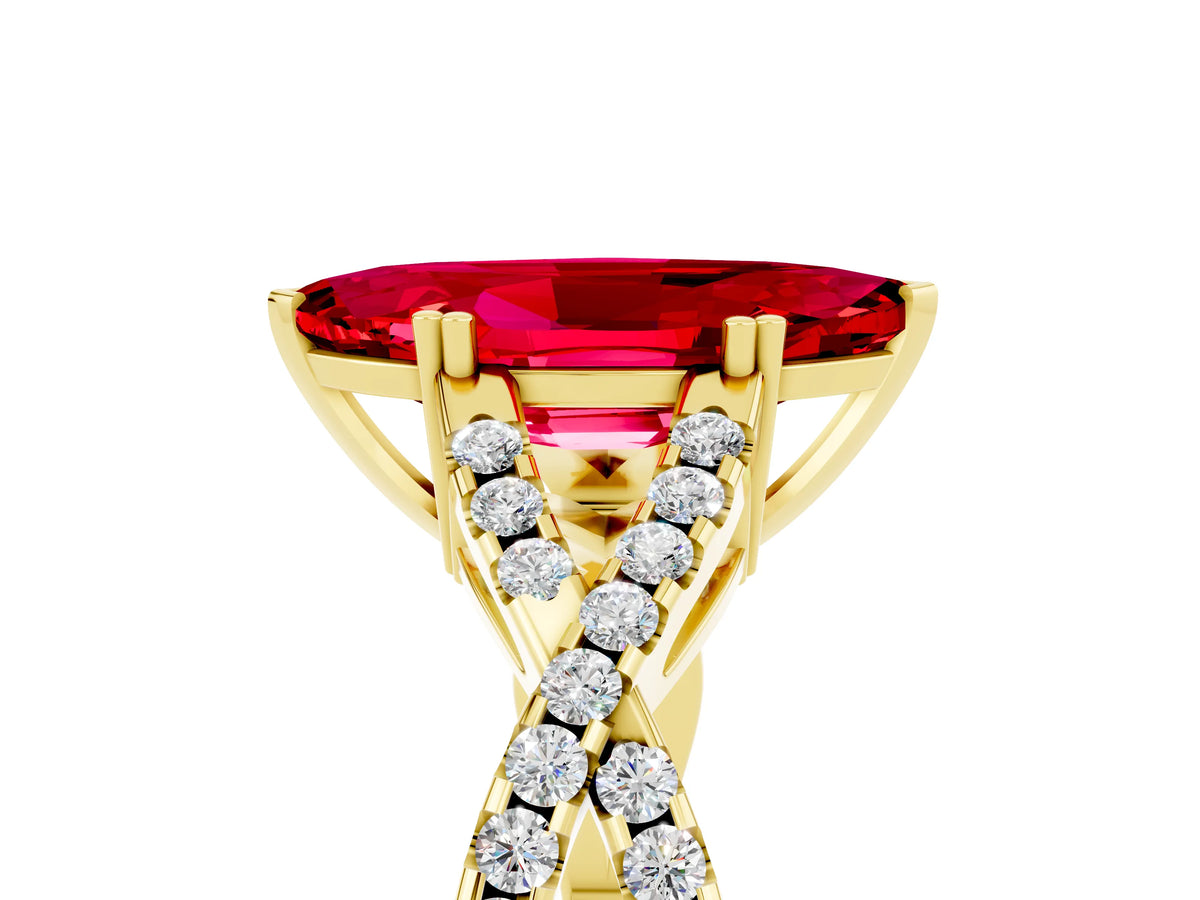Marquise Cut Ruby Solitaire Ring in Yellow gold with Interwoven Pavé Band and Prong Setting_5