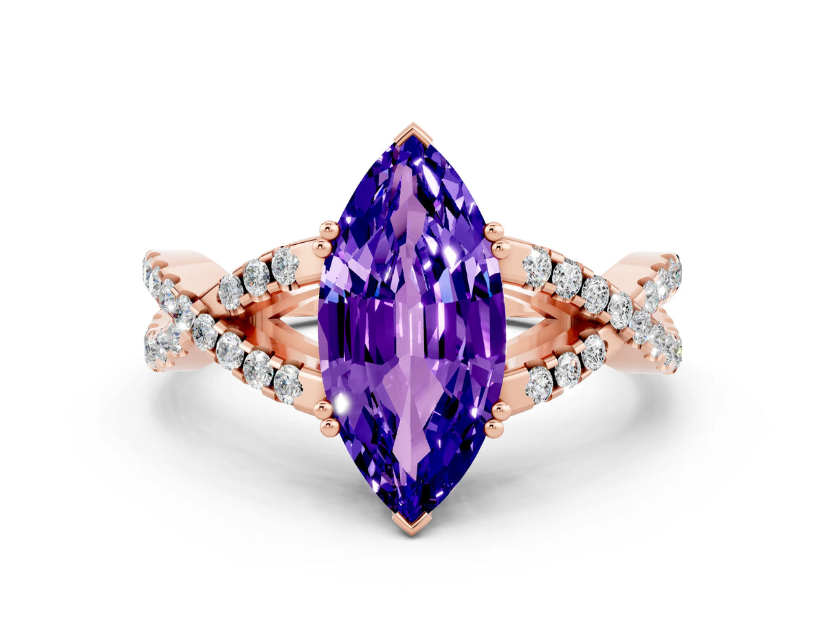 Marquise Cut Tanzanite Solitaire Ring in Rose gold with Interwoven Pavé Band and Prong Setting