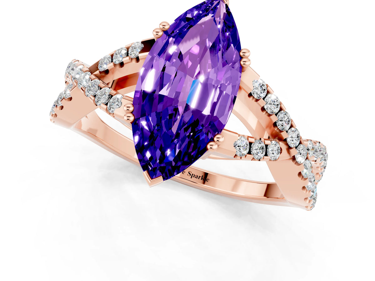 Marquise Cut Tanzanite Solitaire Ring in Rose gold with Interwoven Pavé Band and Prong Setting_1