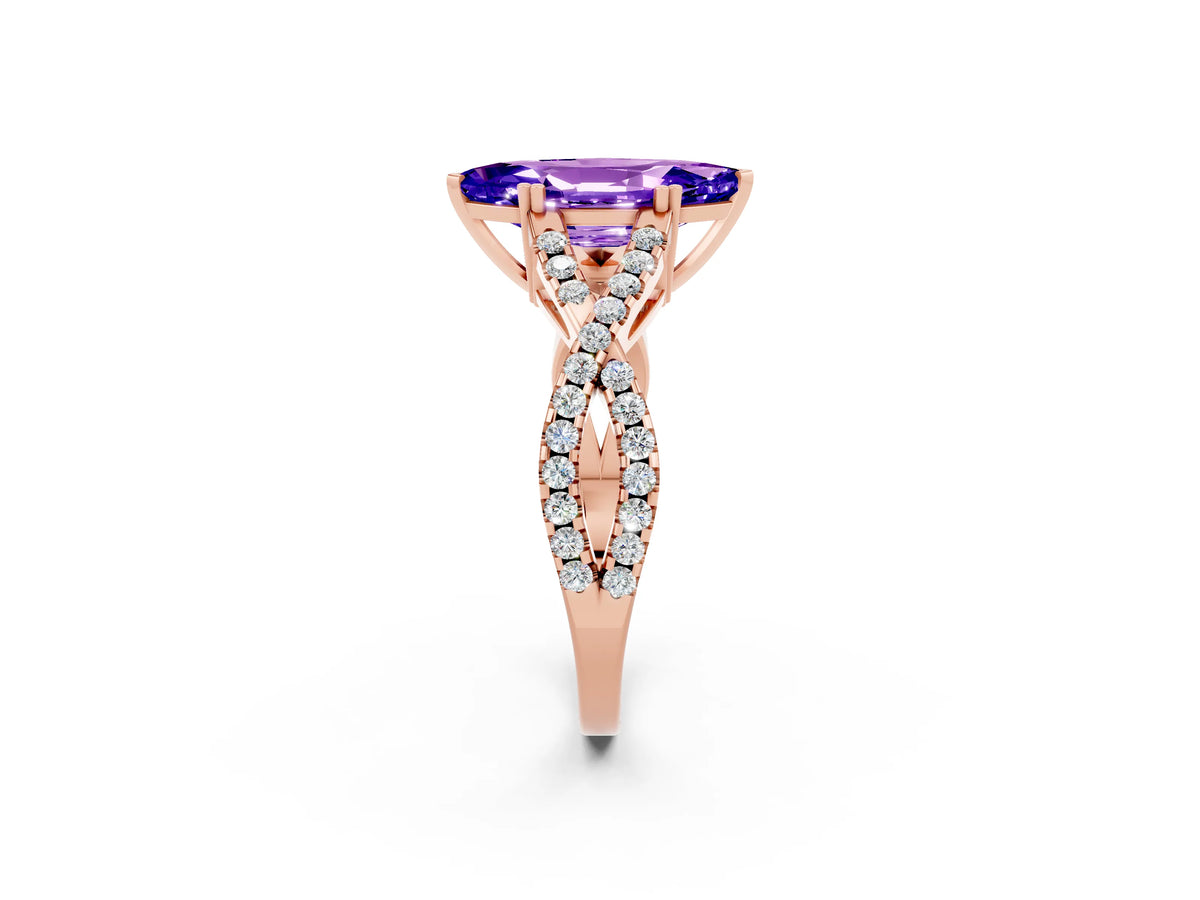 Marquise Cut Tanzanite Solitaire Ring in Rose gold with Interwoven Pavé Band and Prong Setting_2