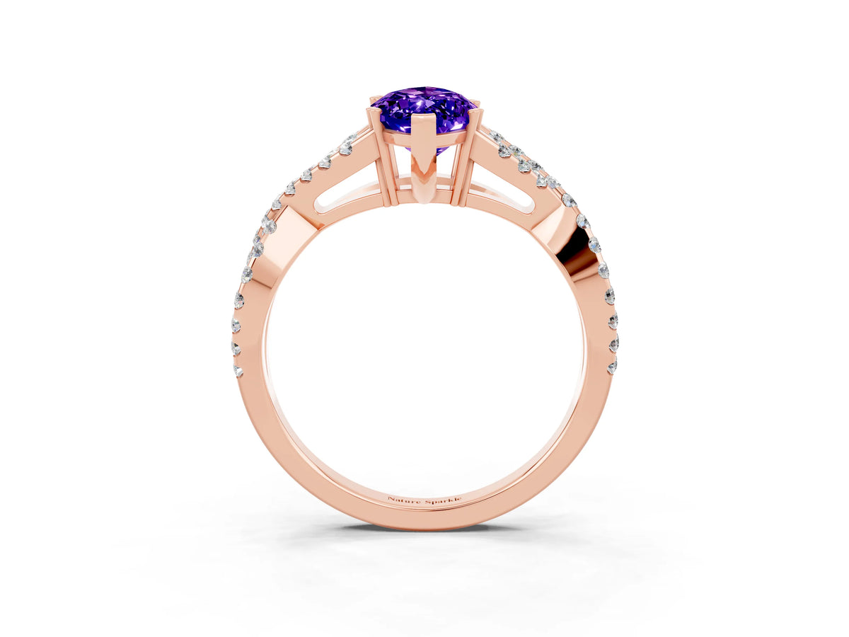 Marquise Cut Tanzanite Solitaire Ring in Rose gold with Interwoven Pavé Band and Prong Setting_3