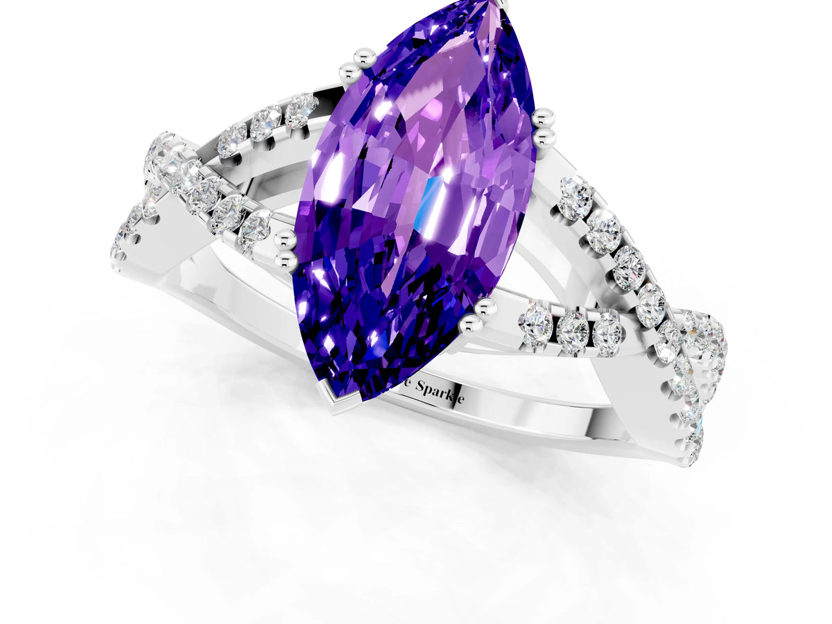 Marquise Cut Tanzanite Solitaire Ring in White gold with Interwoven Pavé Band and Prong Setting_1
