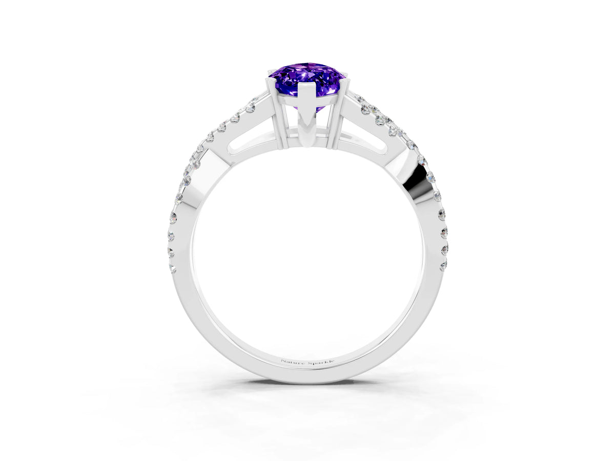 Marquise Cut Tanzanite Solitaire Ring in White gold with Interwoven Pavé Band and Prong Setting_3