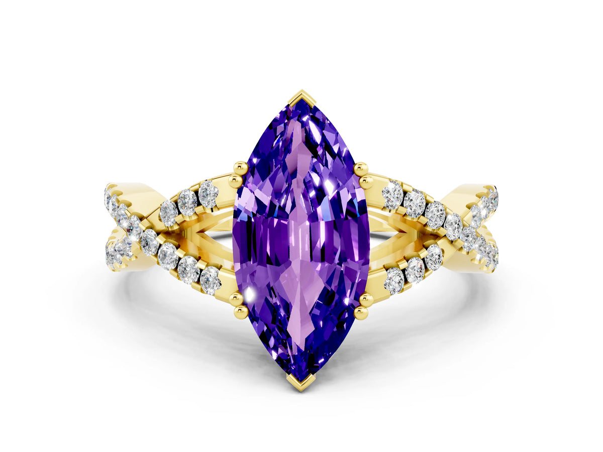 Marquise Cut Tanzanite Solitaire Ring in Yellow gold with Interwoven Pavé Band and Prong Setting