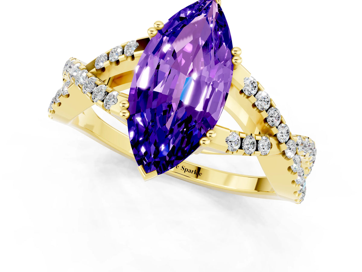 Marquise Cut Tanzanite Solitaire Ring in Yellow gold with Interwoven Pavé Band and Prong Setting_1
