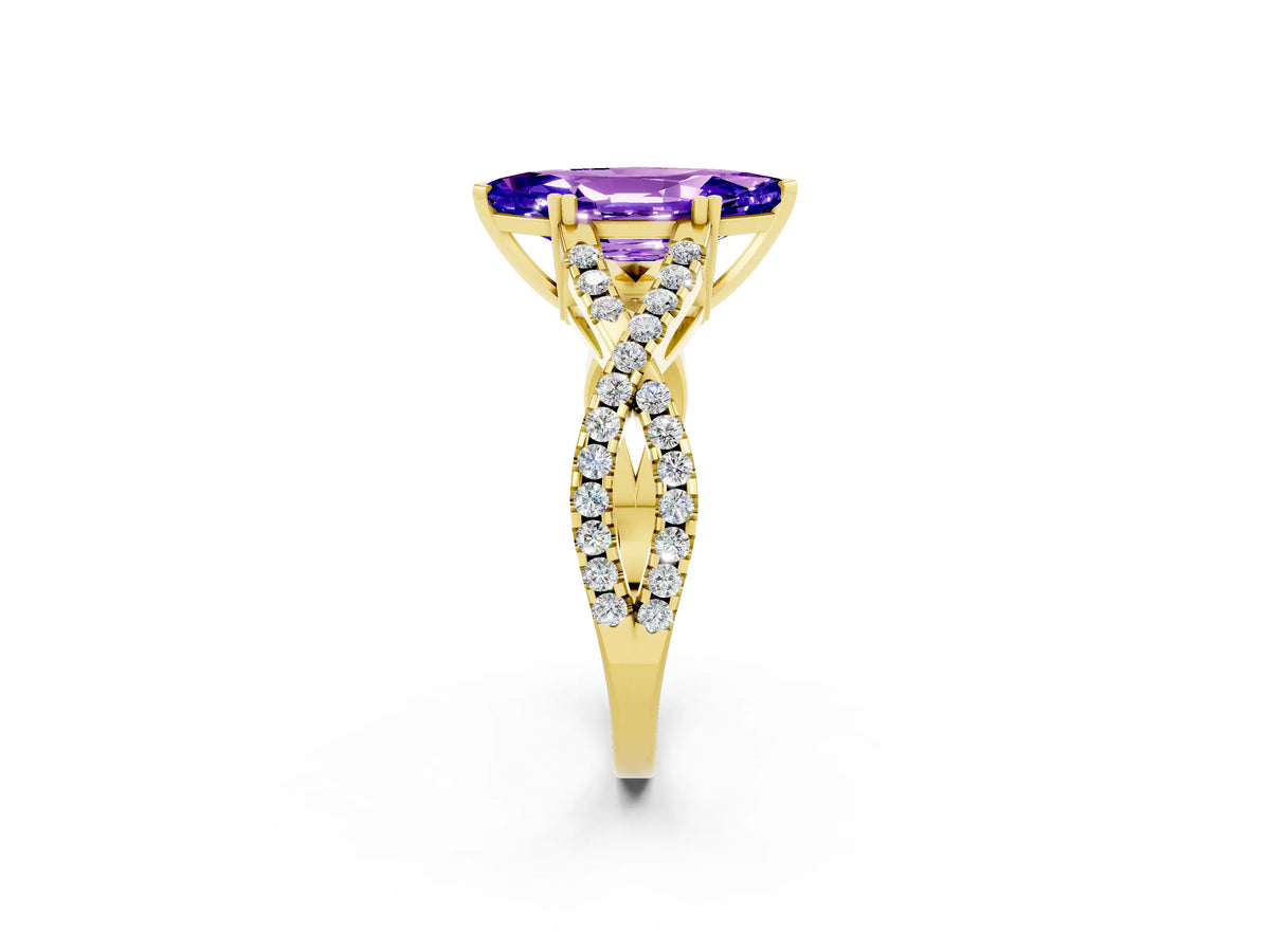 Marquise Cut Tanzanite Solitaire Ring in Yellow gold with Interwoven Pavé Band and Prong Setting_2