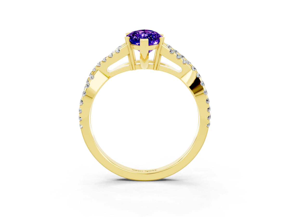 Marquise Cut Tanzanite Solitaire Ring in Yellow gold with Interwoven Pavé Band and Prong Setting_3