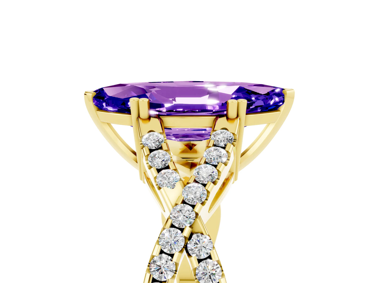 Marquise Cut Tanzanite Solitaire Ring in Yellow gold with Interwoven Pavé Band and Prong Setting_5