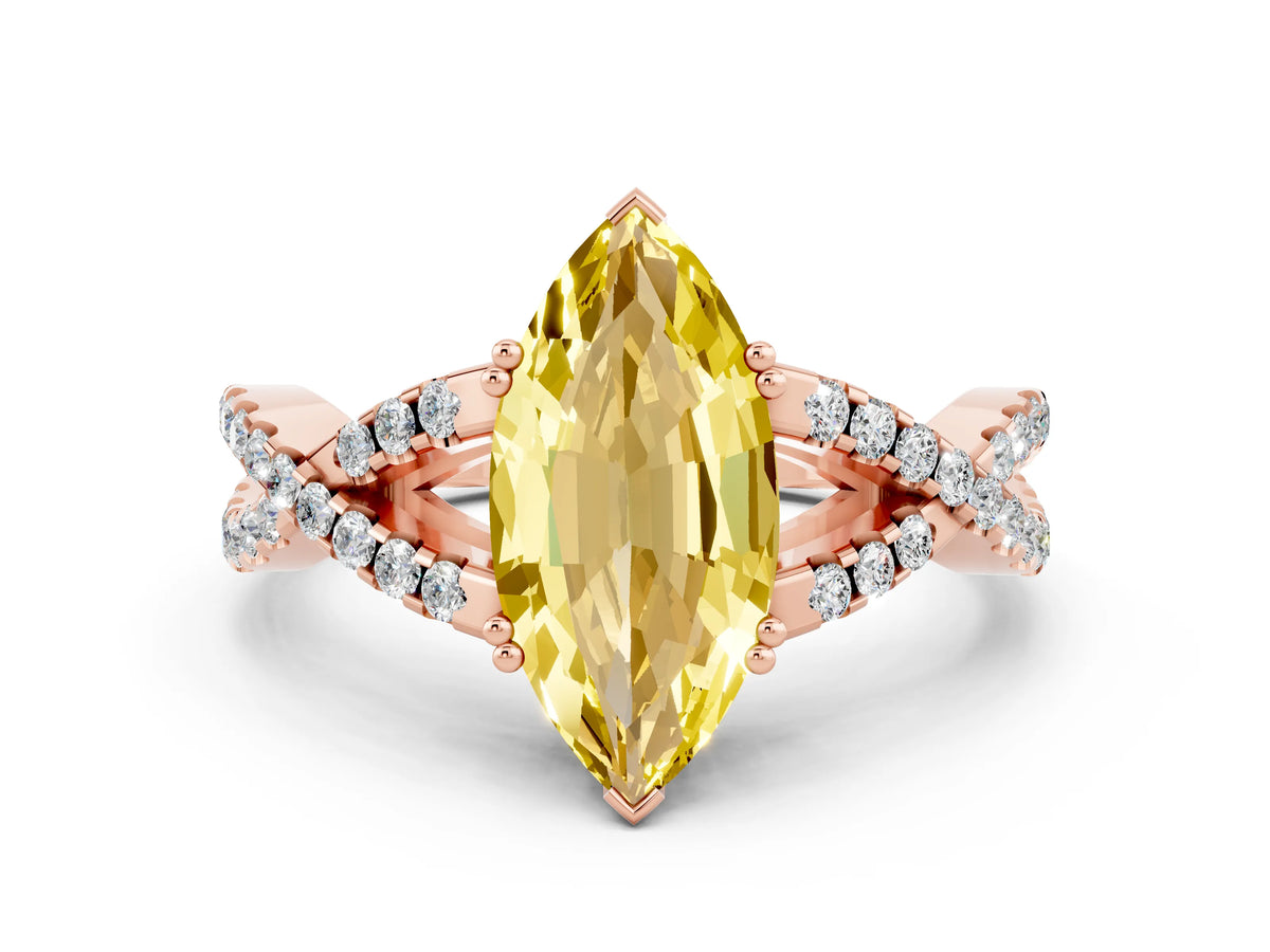 Marquise Cut Yellow Sapphire Solitaire Ring in Rose gold with Interwoven Pavé Band and Prong Setting