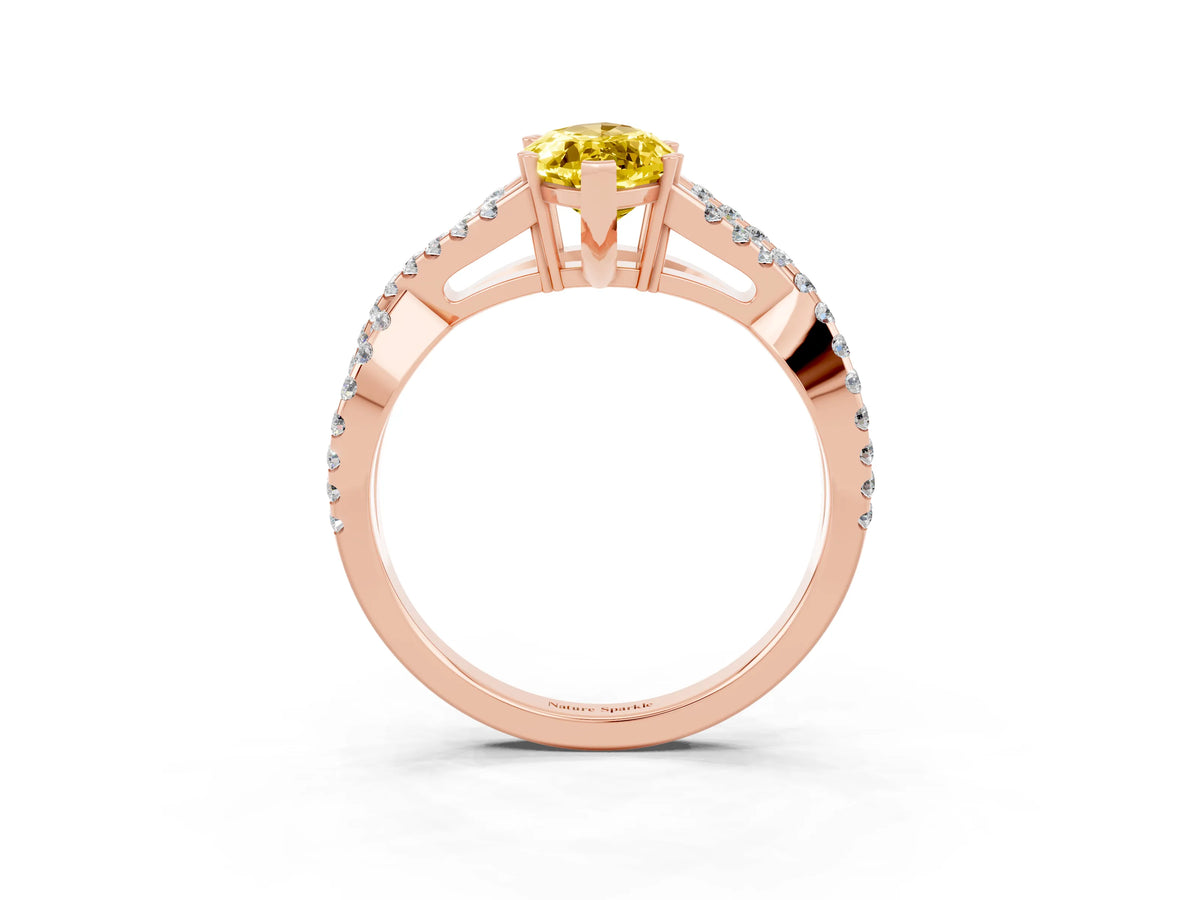 Marquise Cut Yellow Sapphire Solitaire Ring in Rose gold with Interwoven Pavé Band and Prong Setting_3