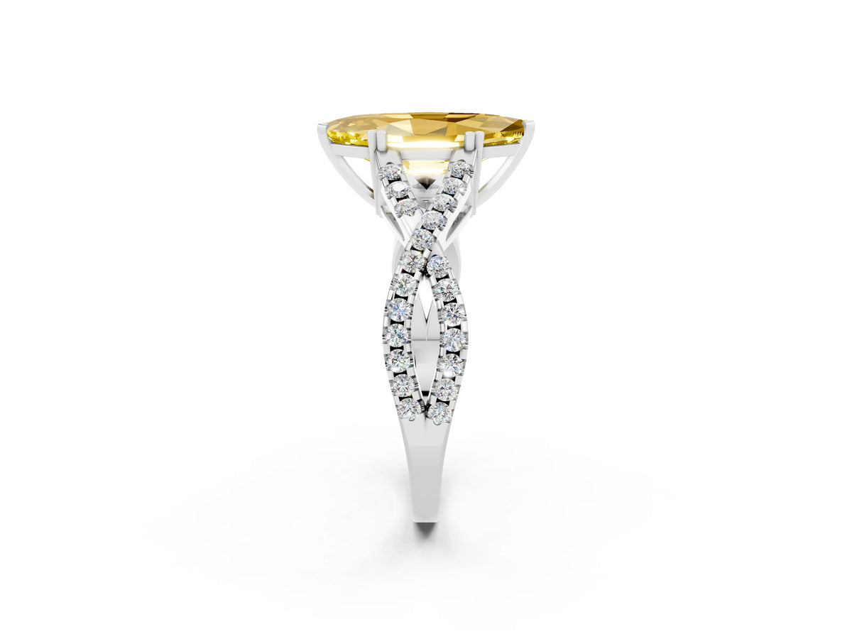 Marquise Cut Yellow Sapphire Solitaire Ring in White gold with Interwoven Pavé Band and Prong Setting_2