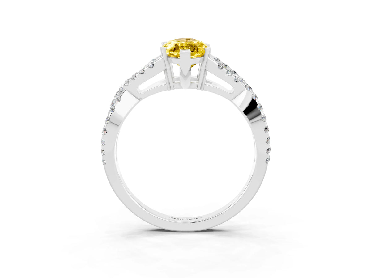 Marquise Cut Yellow Sapphire Solitaire Ring in White gold with Interwoven Pavé Band and Prong Setting_3