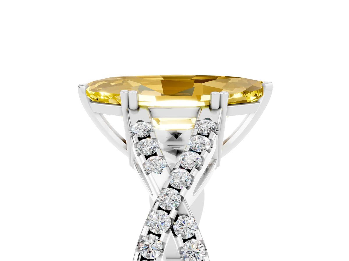 Marquise Cut Yellow Sapphire Solitaire Ring in White gold with Interwoven Pavé Band and Prong Setting_5