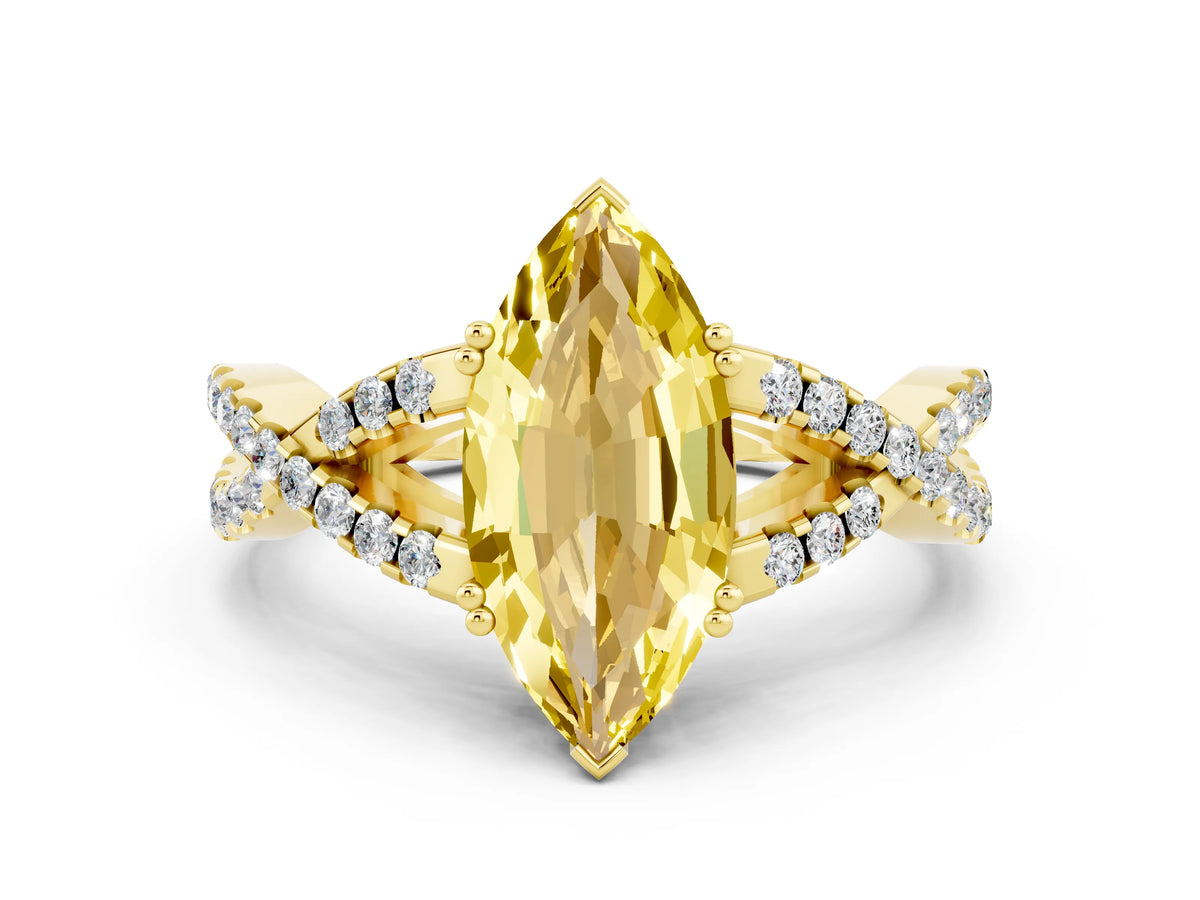 Marquise Cut Yellow Sapphire Solitaire Ring in Yellow gold with Interwoven Pavé Band and Prong Setting
