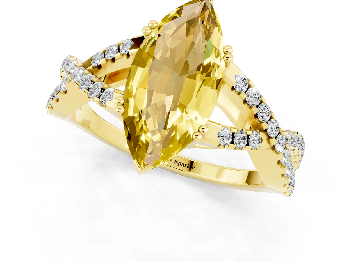 Marquise Cut Yellow Sapphire Solitaire Ring in Yellow gold with Interwoven Pavé Band and Prong Setting_1
