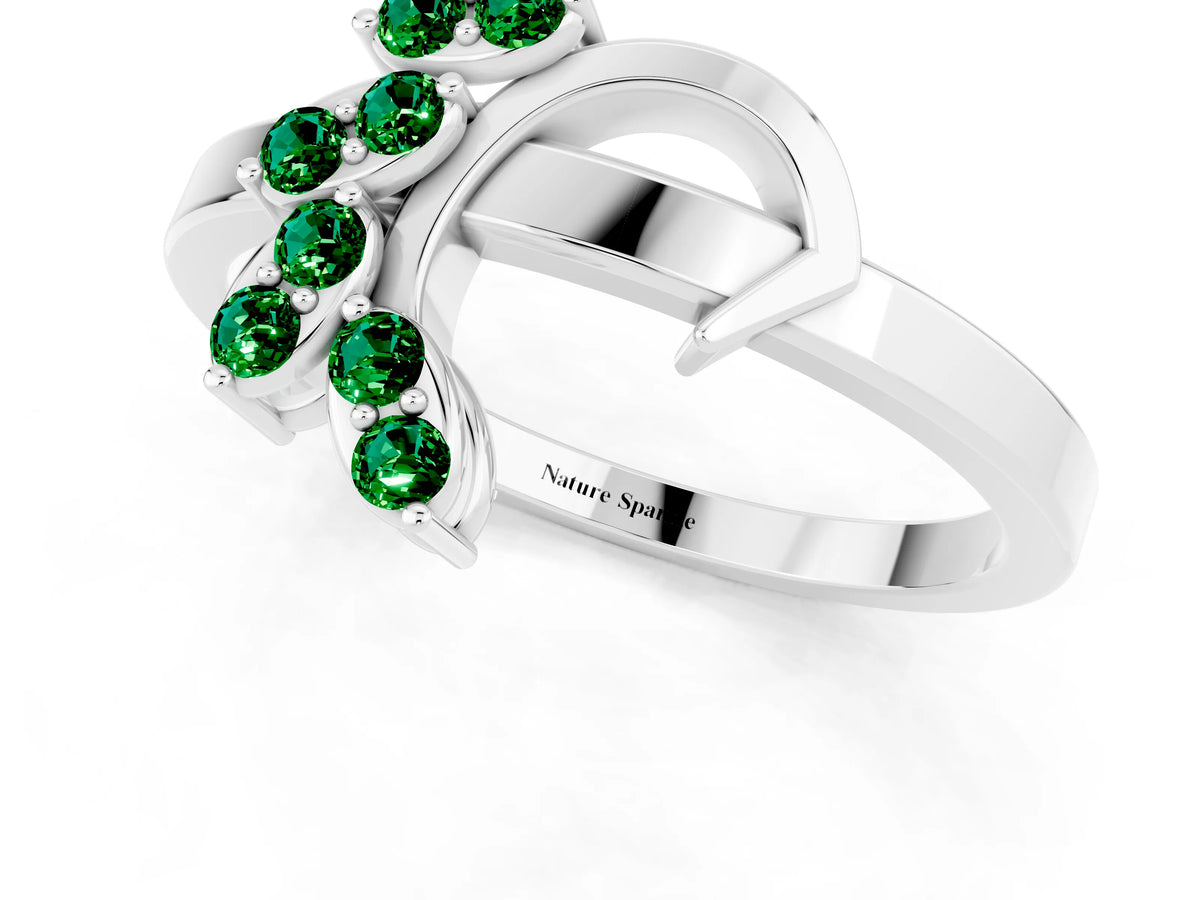 Marquise Emerald Floral Cluster Bypass Ring in Silver with Prong Setting_1