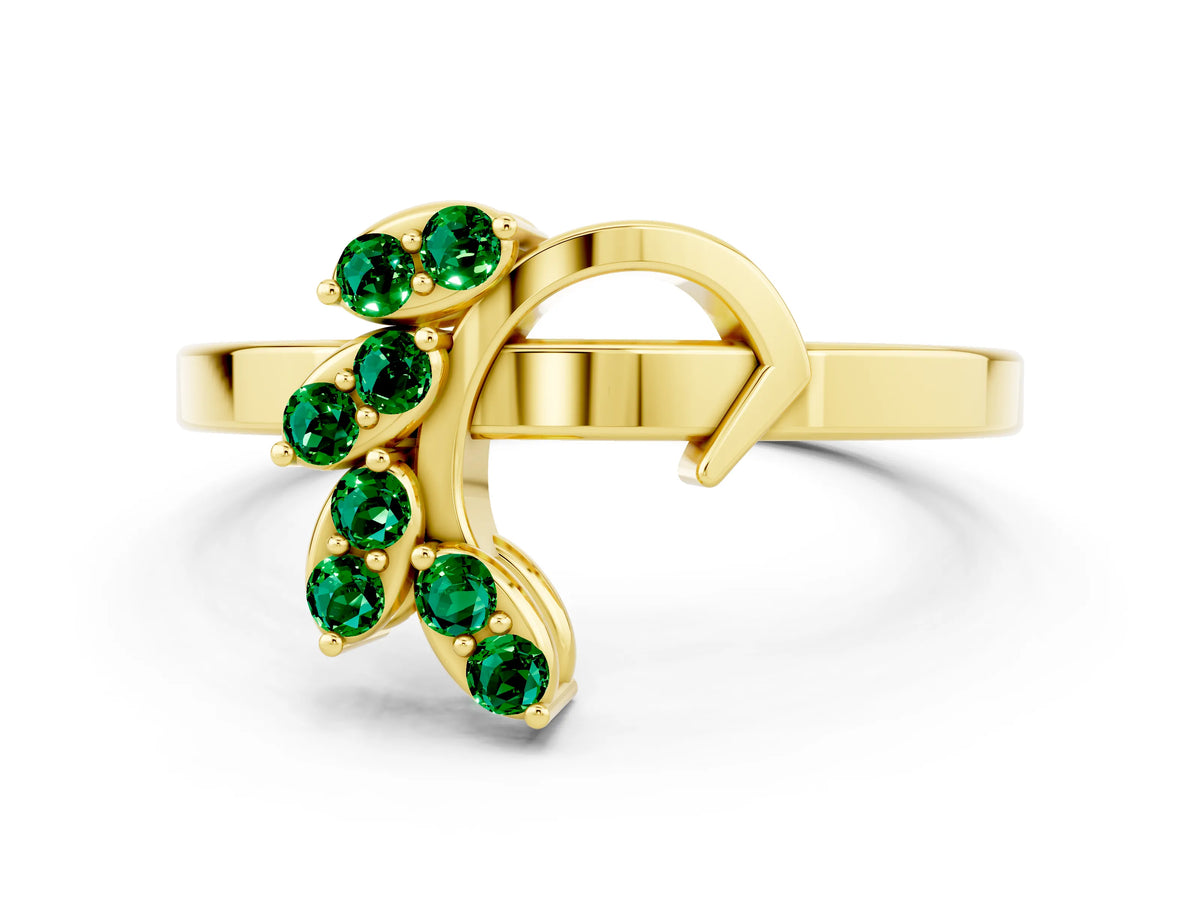 Marquise Emerald Floral Cluster Bypass Ring in Yellow gold with Prong Setting