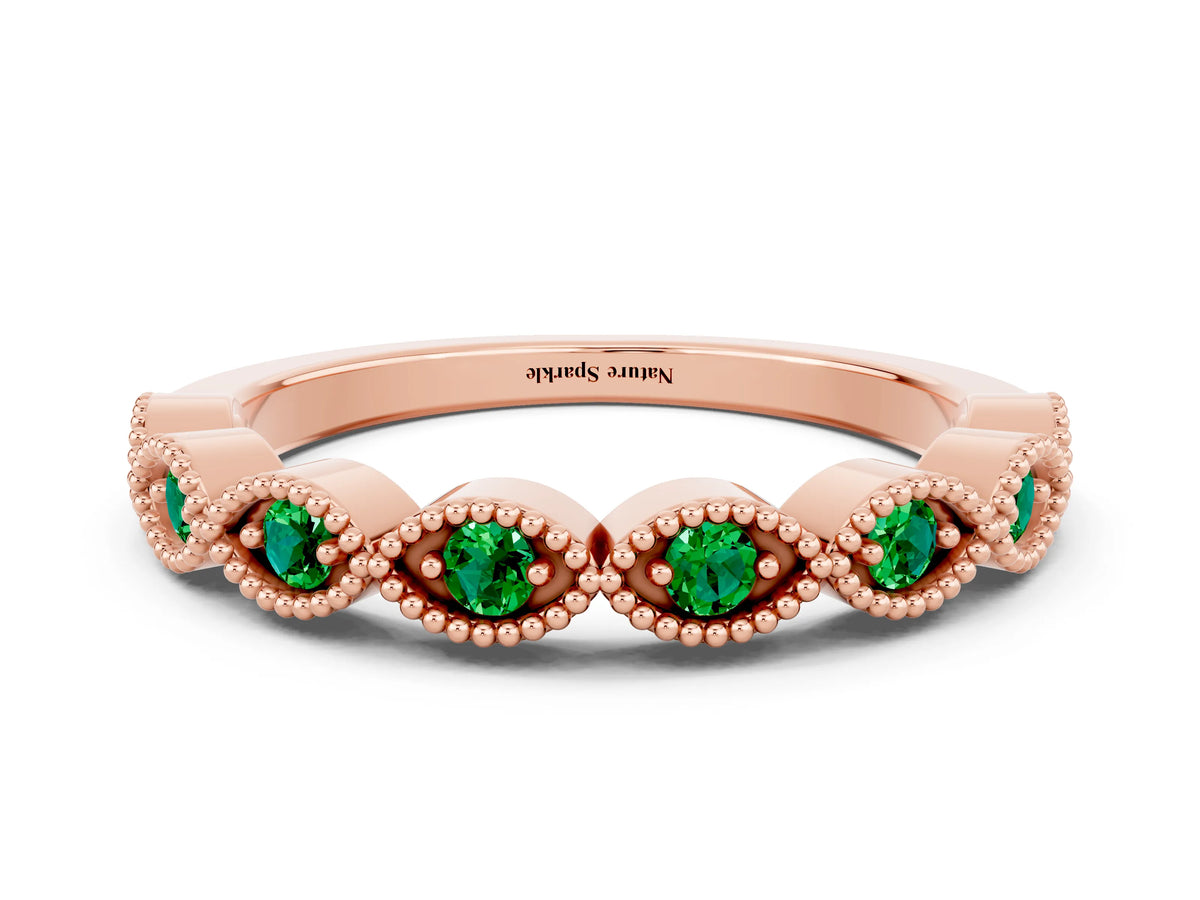 Marquise Emerald Milgrain Half Eternity Band in Rose gold with Bezel Setting