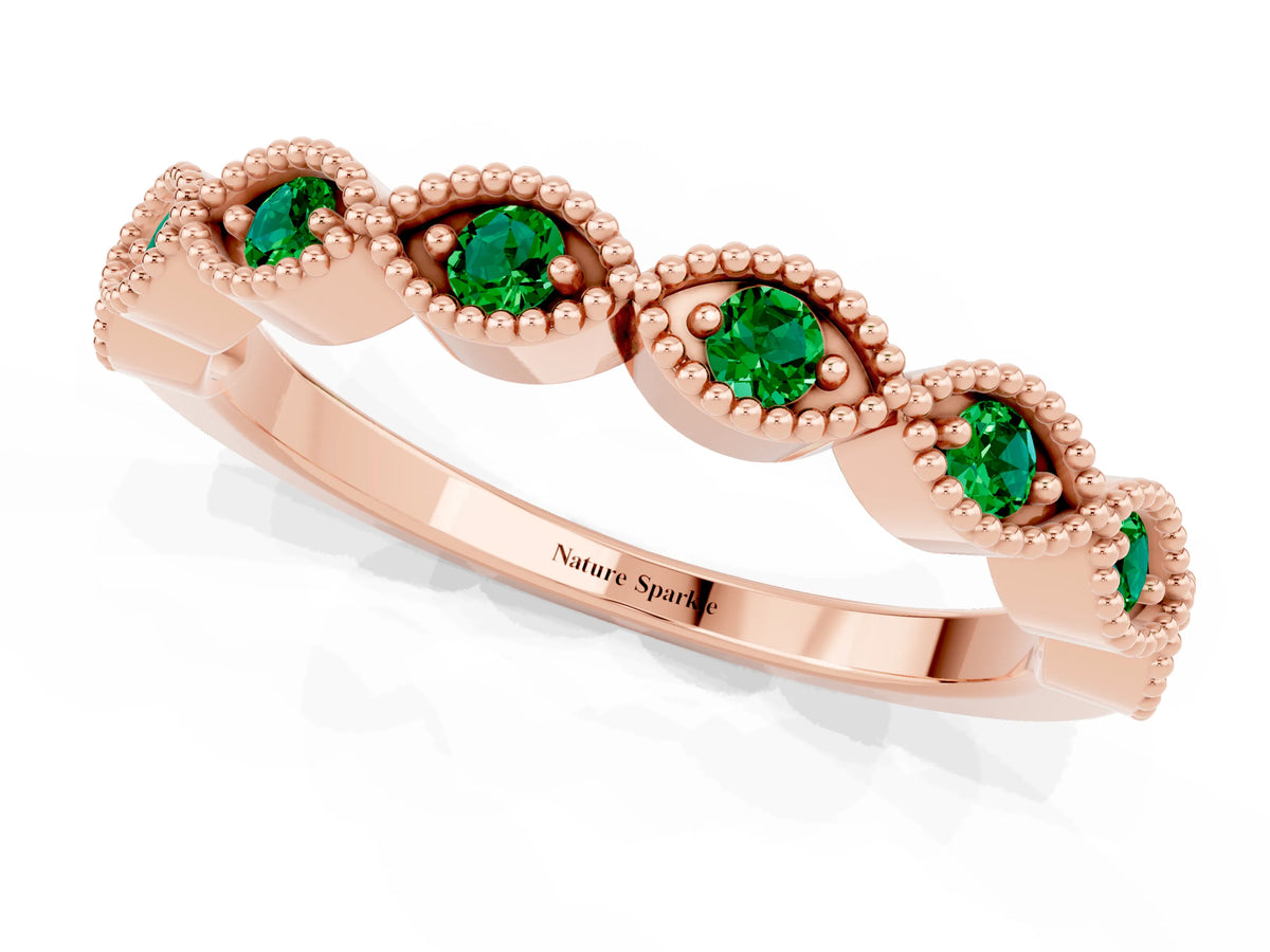 Marquise Emerald Milgrain Half Eternity Band in Rose gold with Bezel Setting_1