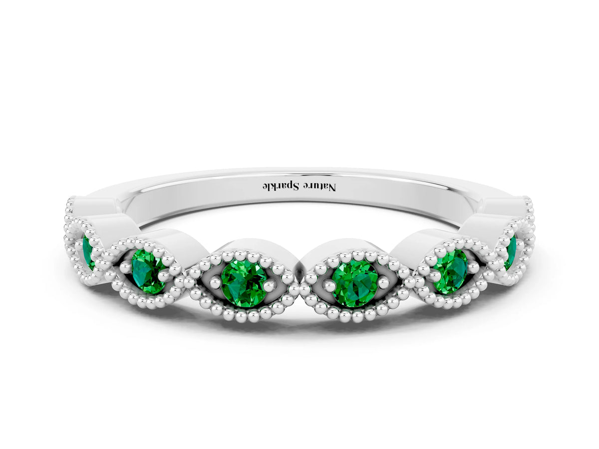 Marquise Emerald Milgrain Half Eternity Band in Silver with Bezel Setting