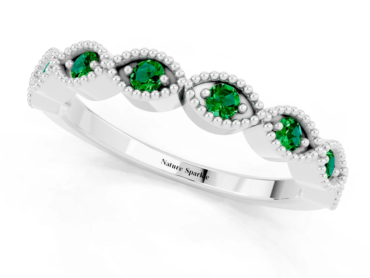 Marquise Emerald Milgrain Half Eternity Band in Silver with Bezel Setting_1