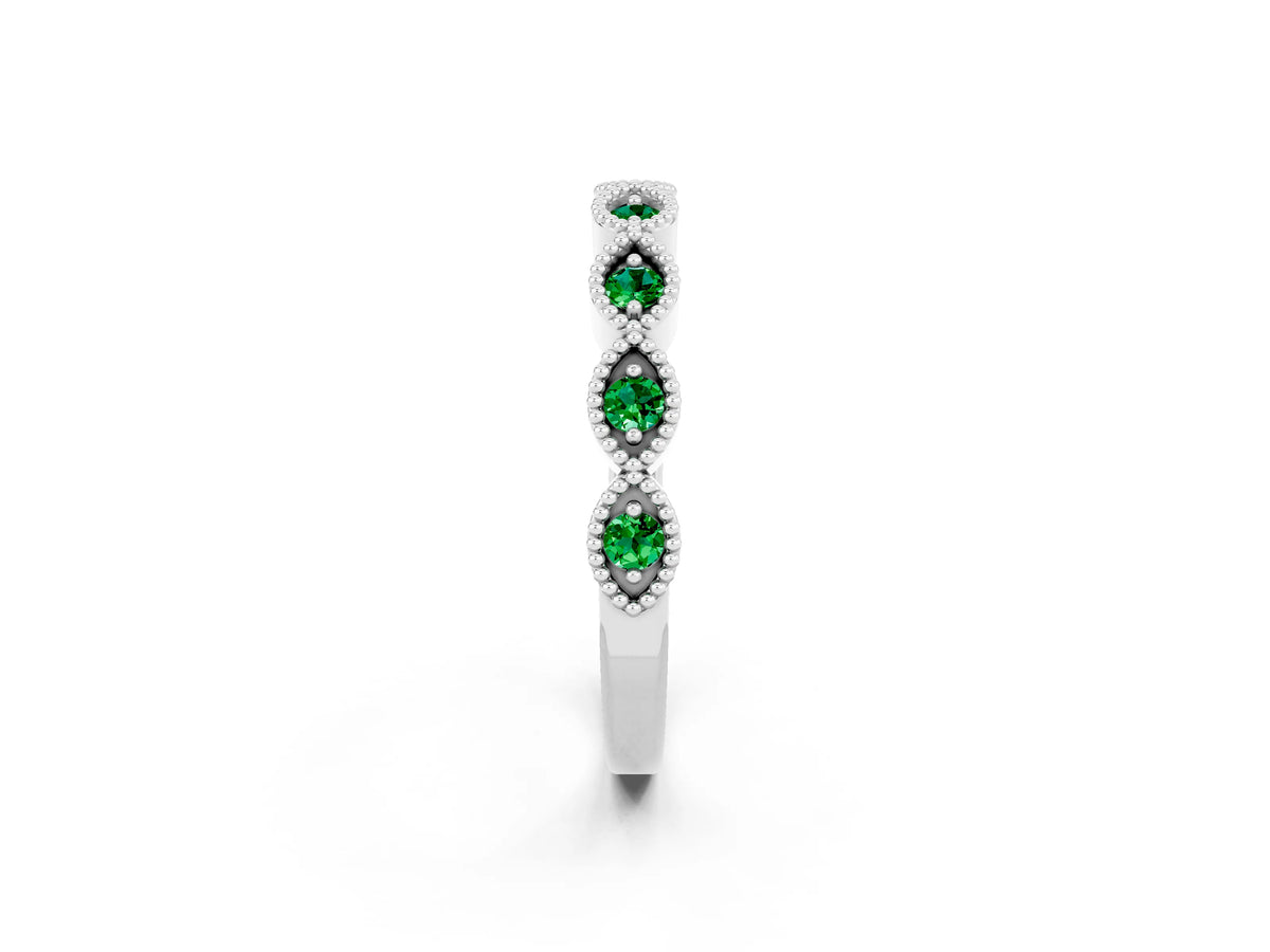 Marquise Emerald Milgrain Half Eternity Band in Silver with Bezel Setting_2