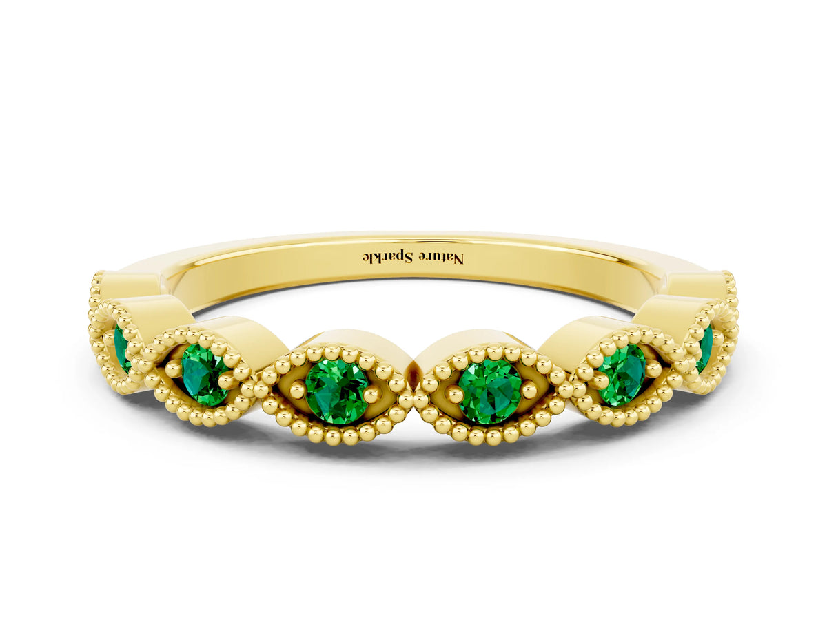 Marquise Emerald Milgrain Half Eternity Band in Yellow gold with Bezel Setting
