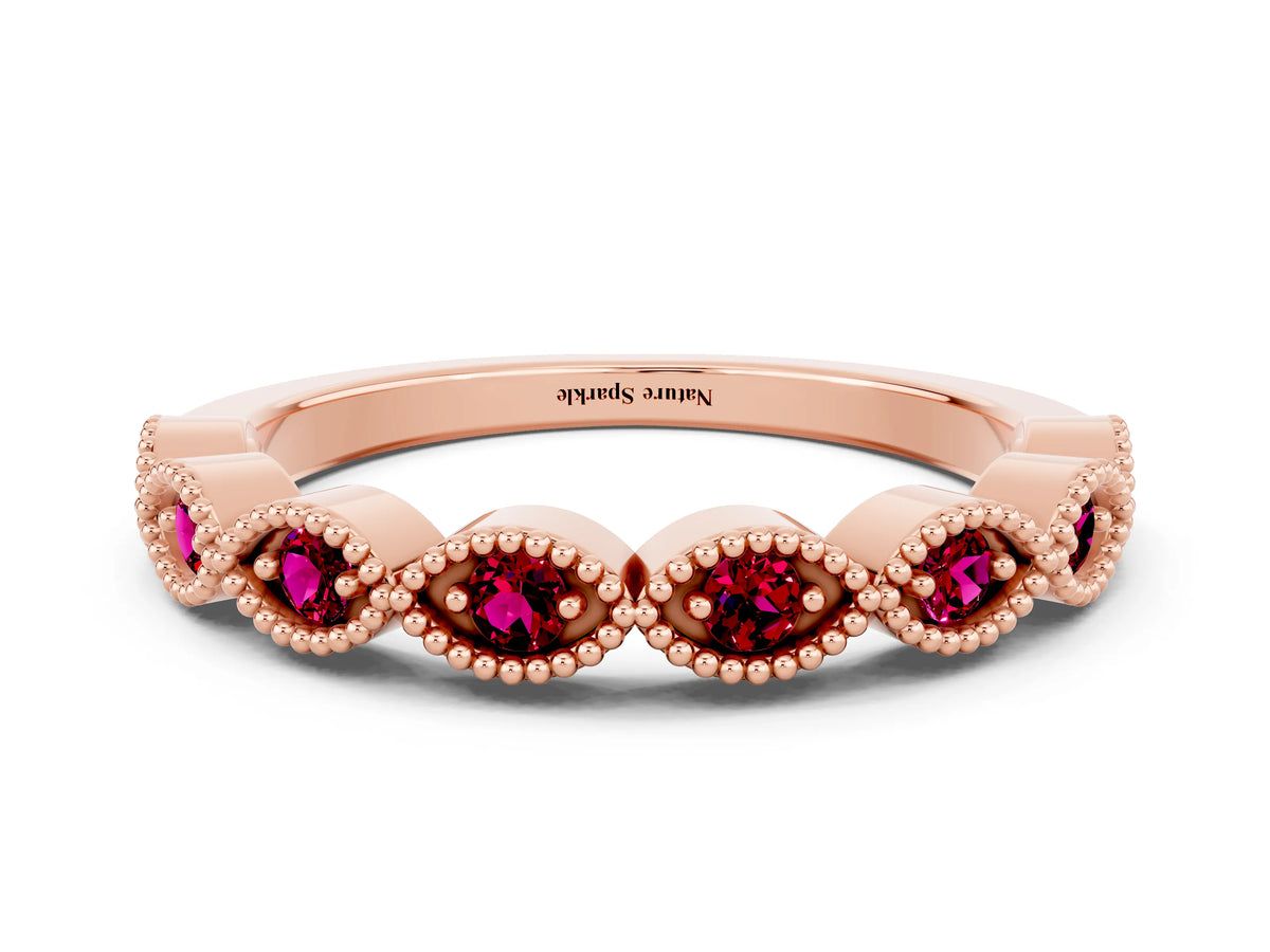 Marquise Garnet Milgrain Half Eternity Band in Rose gold with Bezel Setting