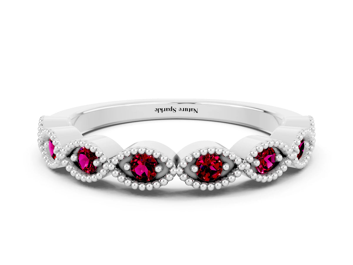 Marquise Garnet Milgrain Half Eternity Band in White gold with Bezel Setting
