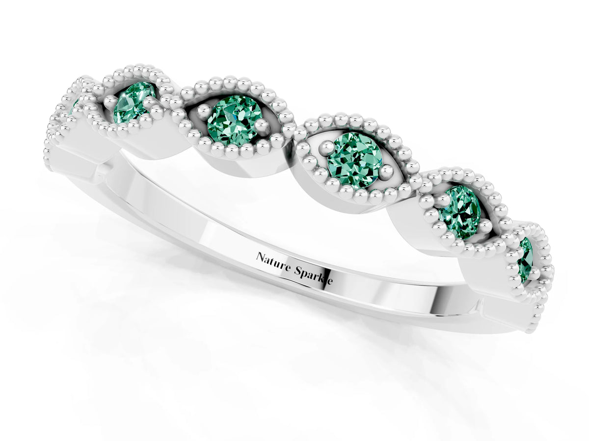 Marquise Green Sapphire Milgrain Half Eternity Band in Platinum with Bezel Setting_1