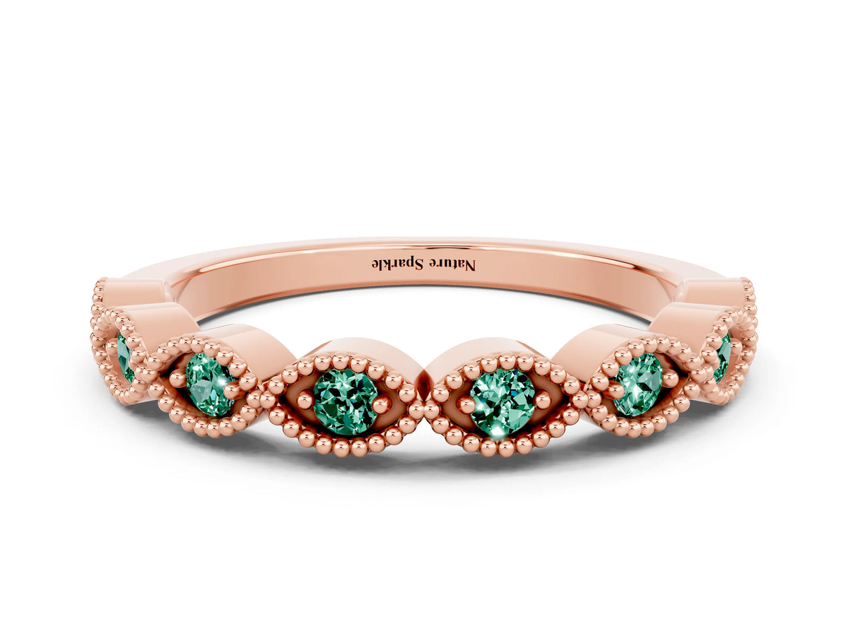 Marquise Green Sapphire Milgrain Half Eternity Band in Rose gold with Bezel Setting