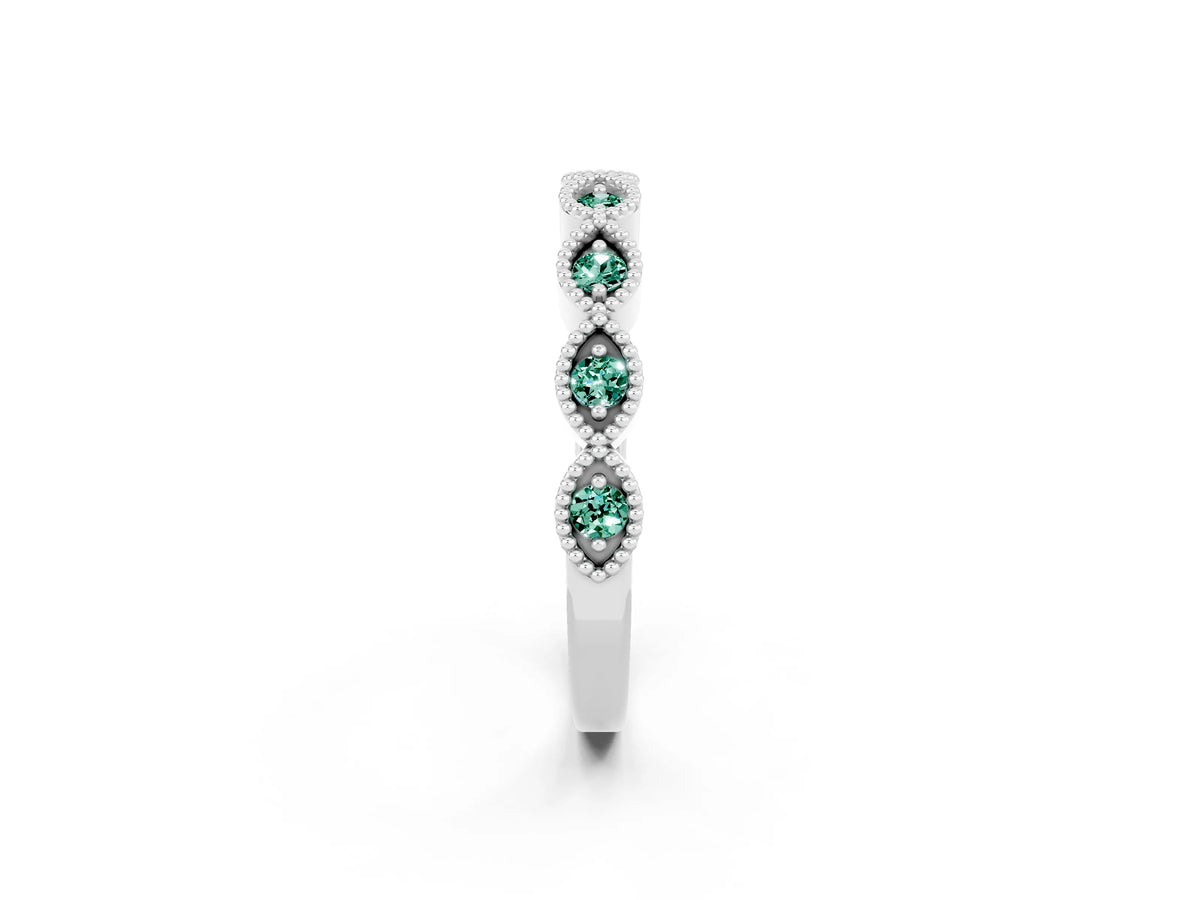 Marquise Green Sapphire Milgrain Half Eternity Band in Silver with Bezel Setting_2