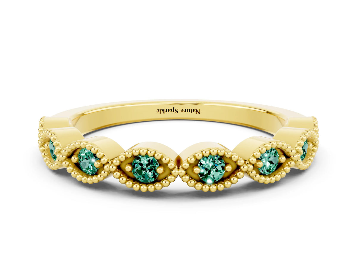 Marquise Green Sapphire Milgrain Half Eternity Band in Yellow gold with Bezel Setting