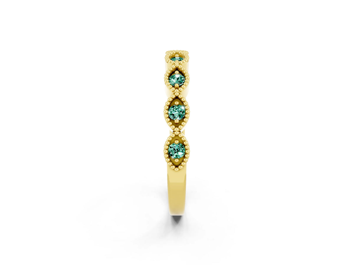 Marquise Green Sapphire Milgrain Half Eternity Band in Yellow gold with Bezel Setting_2