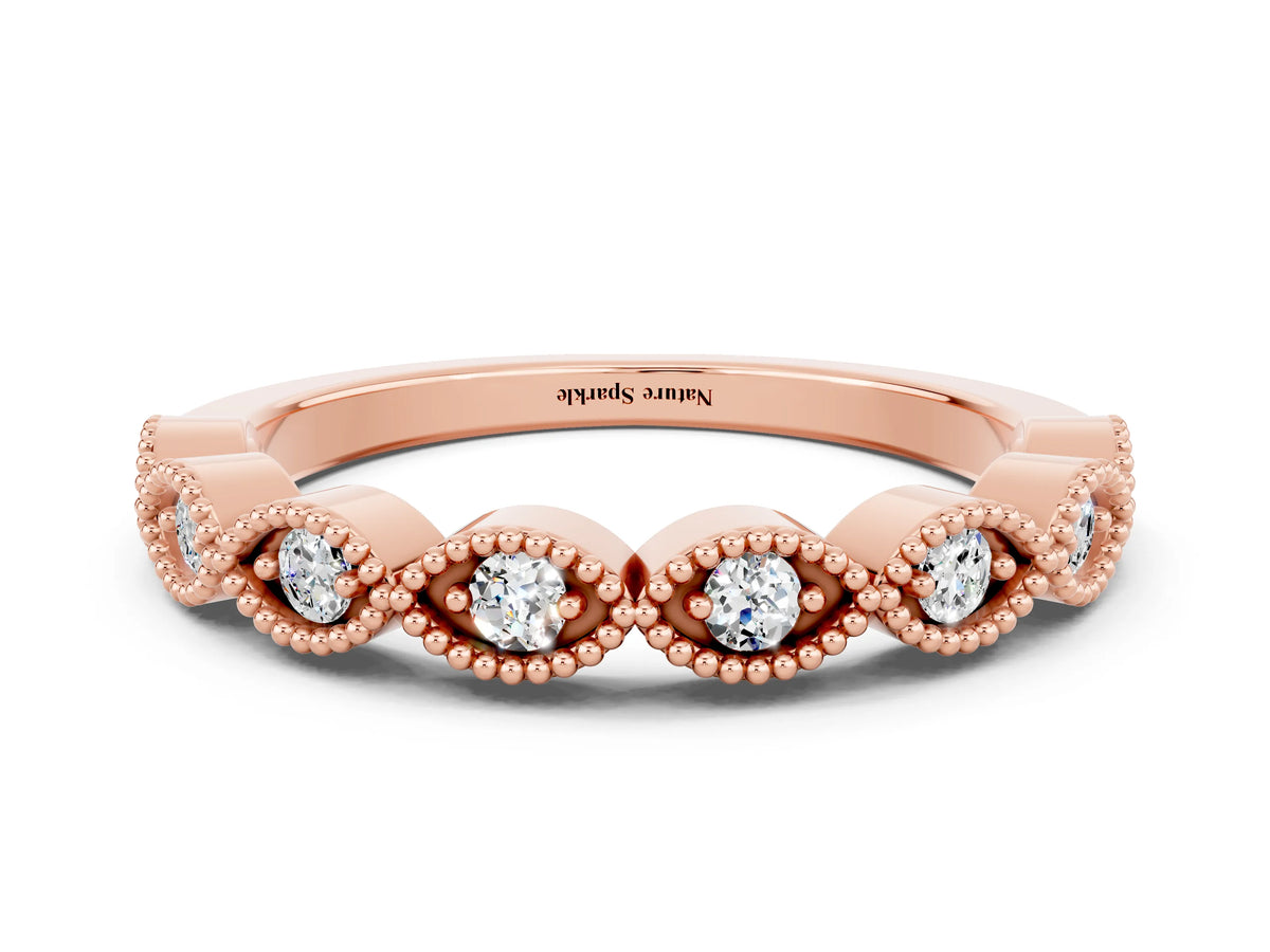 Marquise Moissanite Milgrain Half Eternity Band in Rose gold with Bezel Setting