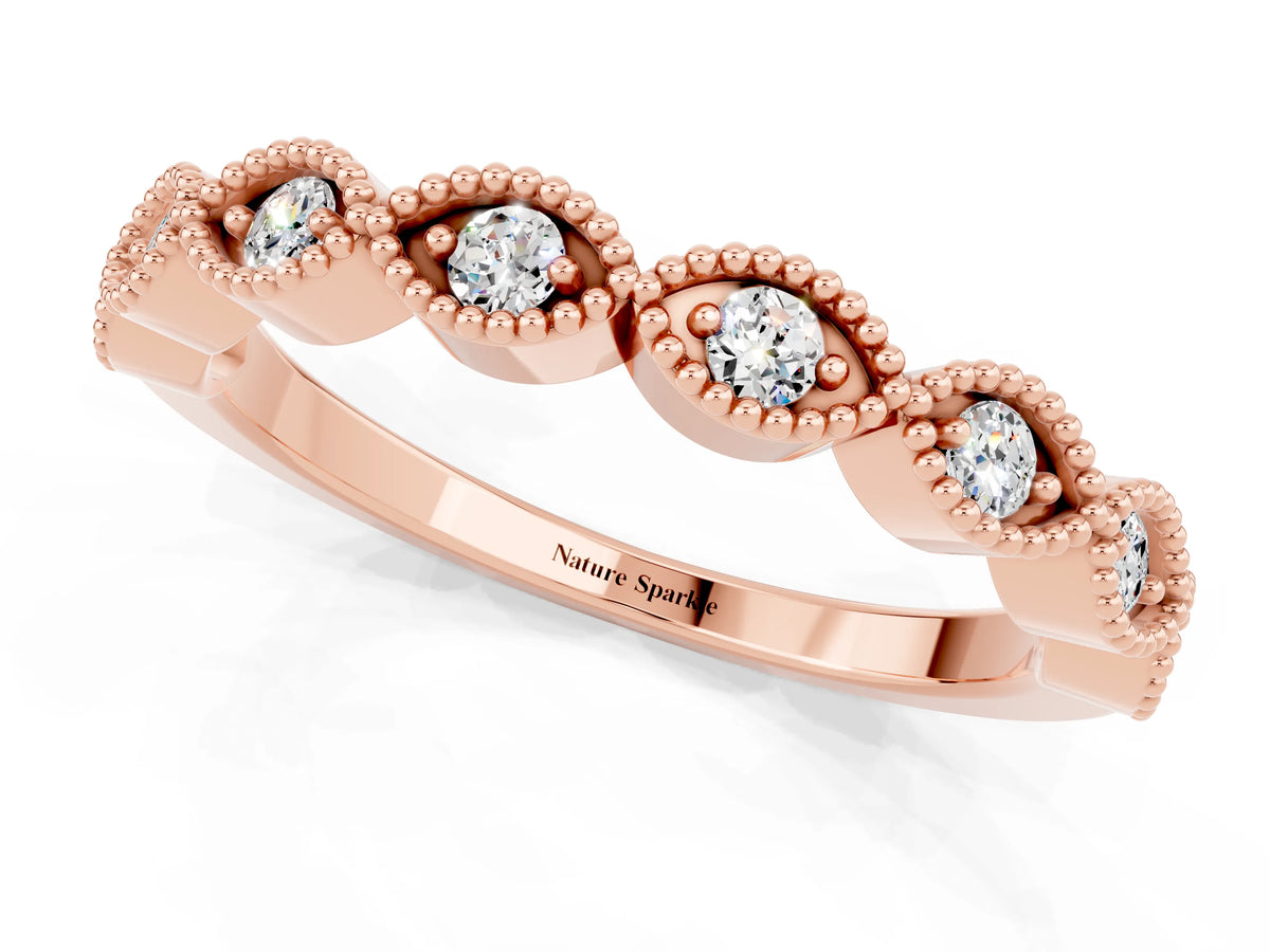 Marquise Moissanite Milgrain Half Eternity Band in Rose gold with Bezel Setting_1