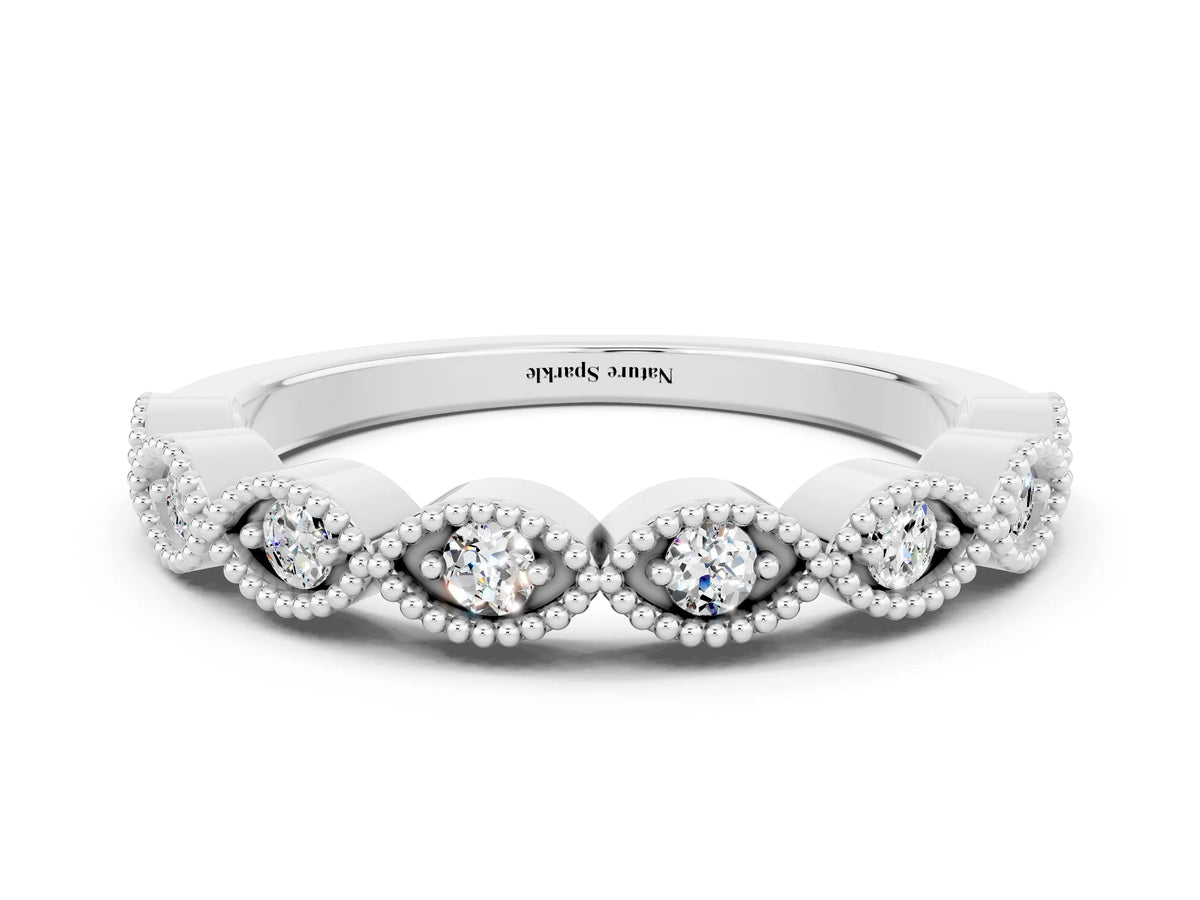 Marquise Moissanite Milgrain Half Eternity Band in White gold with Bezel Setting