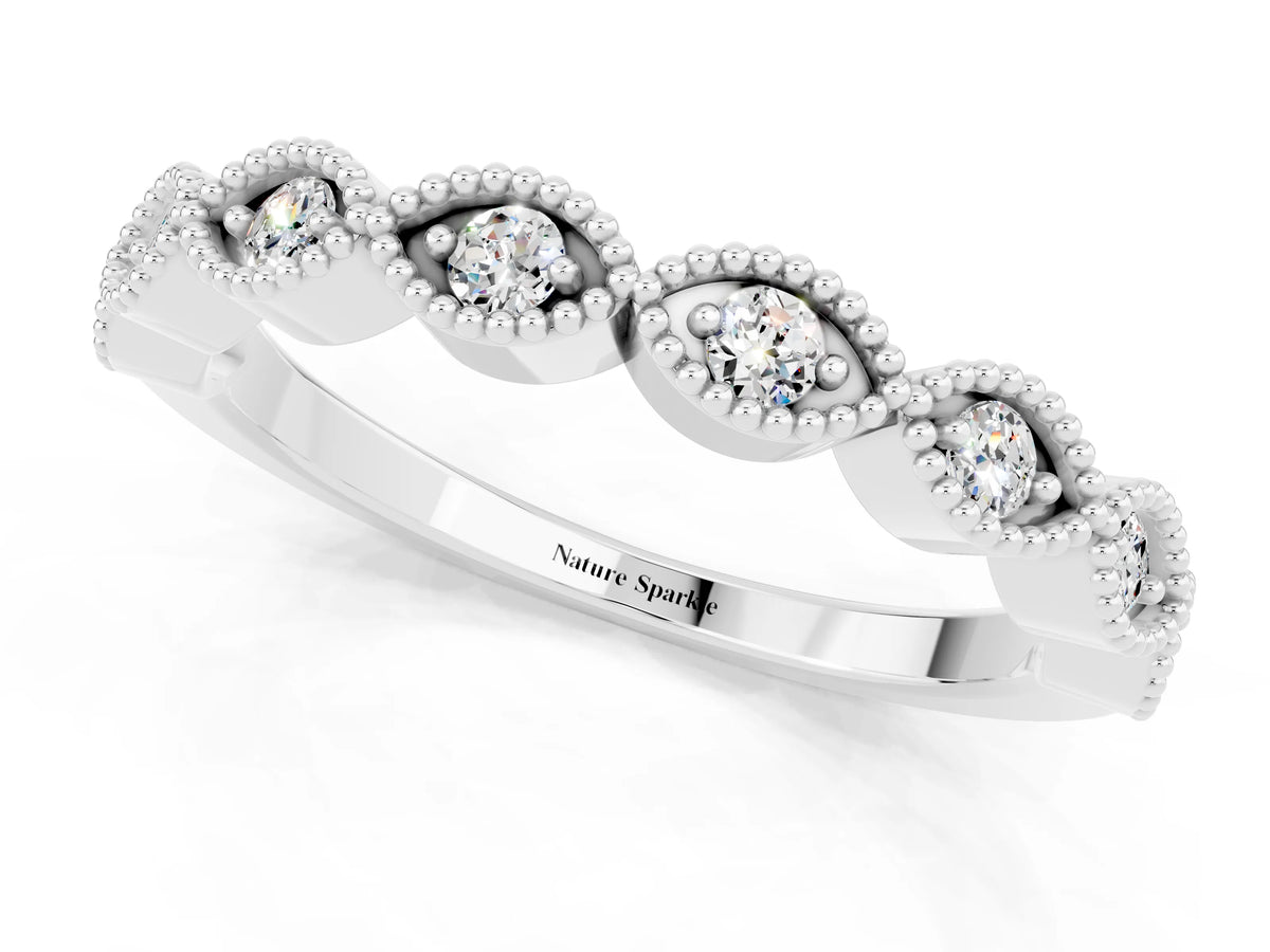 Marquise Moissanite Milgrain Half Eternity Band in White gold with Bezel Setting_1