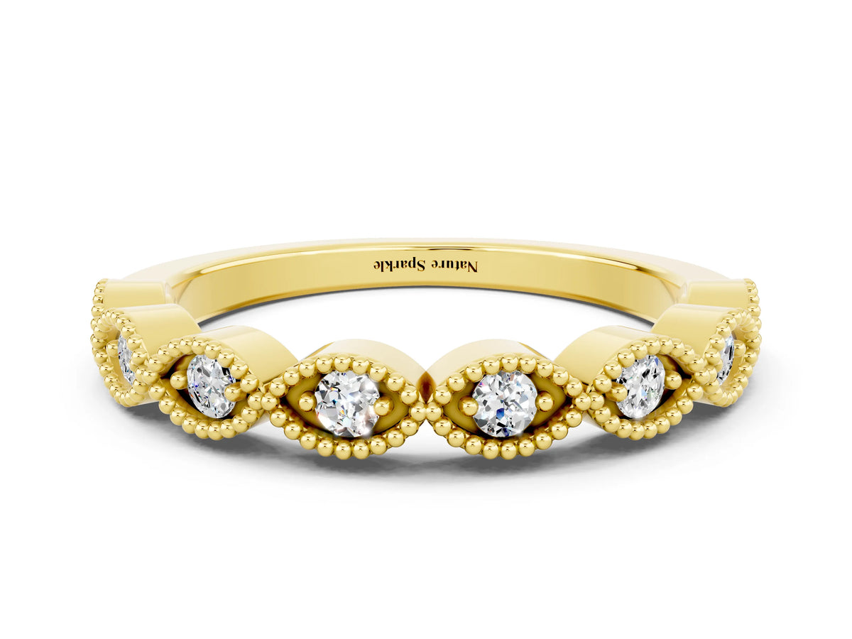 Marquise Moissanite Milgrain Half Eternity Band in Yellow gold with Bezel Setting
