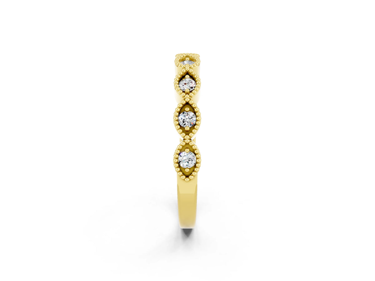 Marquise Moissanite Milgrain Half Eternity Band in Yellow gold with Bezel Setting_2