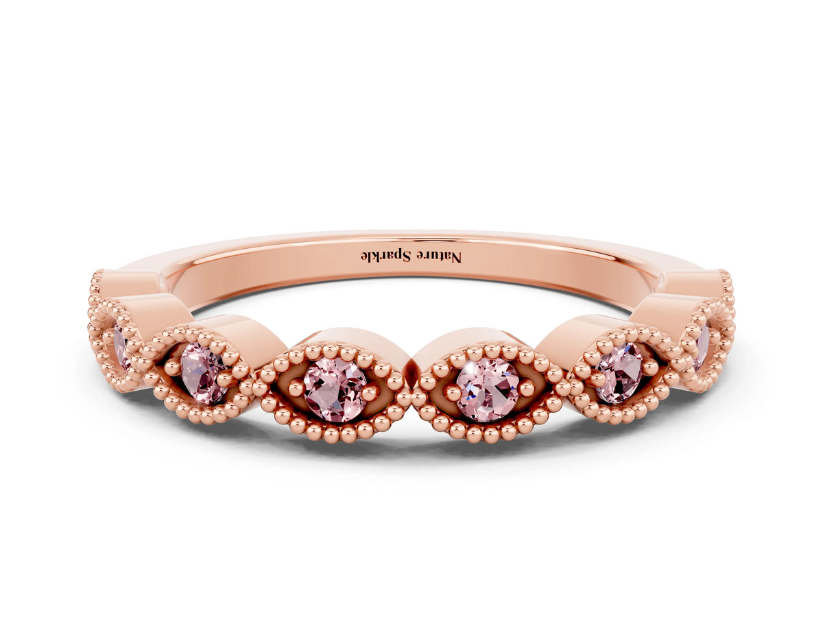 Marquise Morganite Milgrain Half Eternity Band in Rose gold with Bezel Setting
