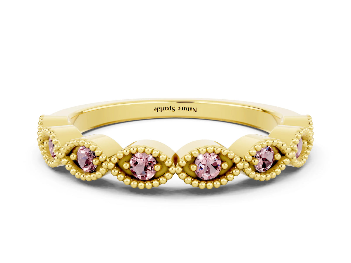 Marquise Morganite Milgrain Half Eternity Band in Yellow gold with Bezel Setting