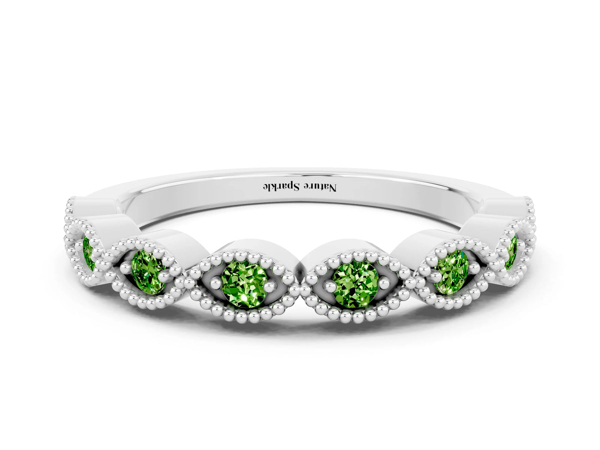 Marquise Peridot Milgrain Half Eternity Band in White gold with Bezel Setting
