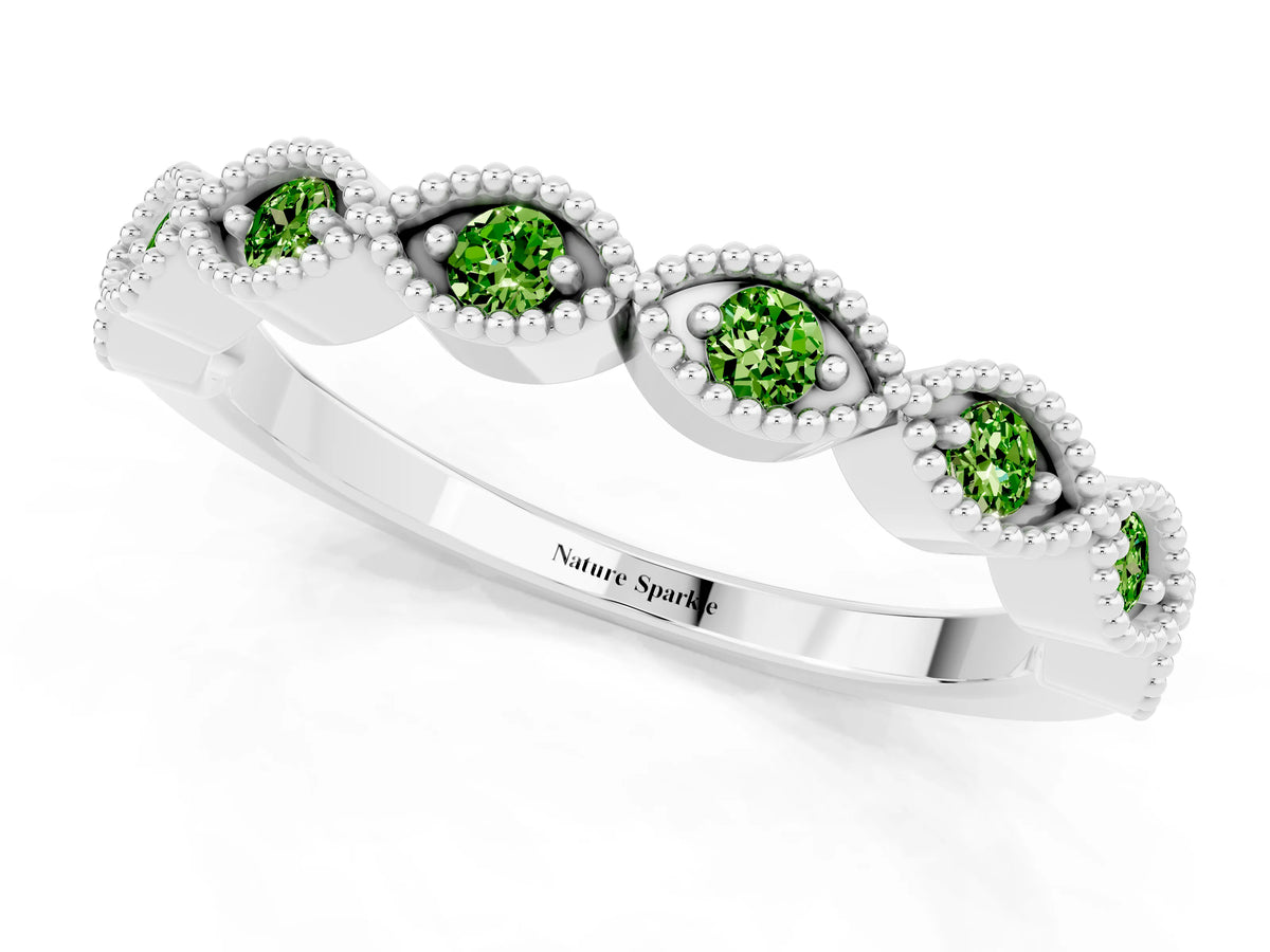 Marquise Peridot Milgrain Half Eternity Band in White gold with Bezel Setting_1