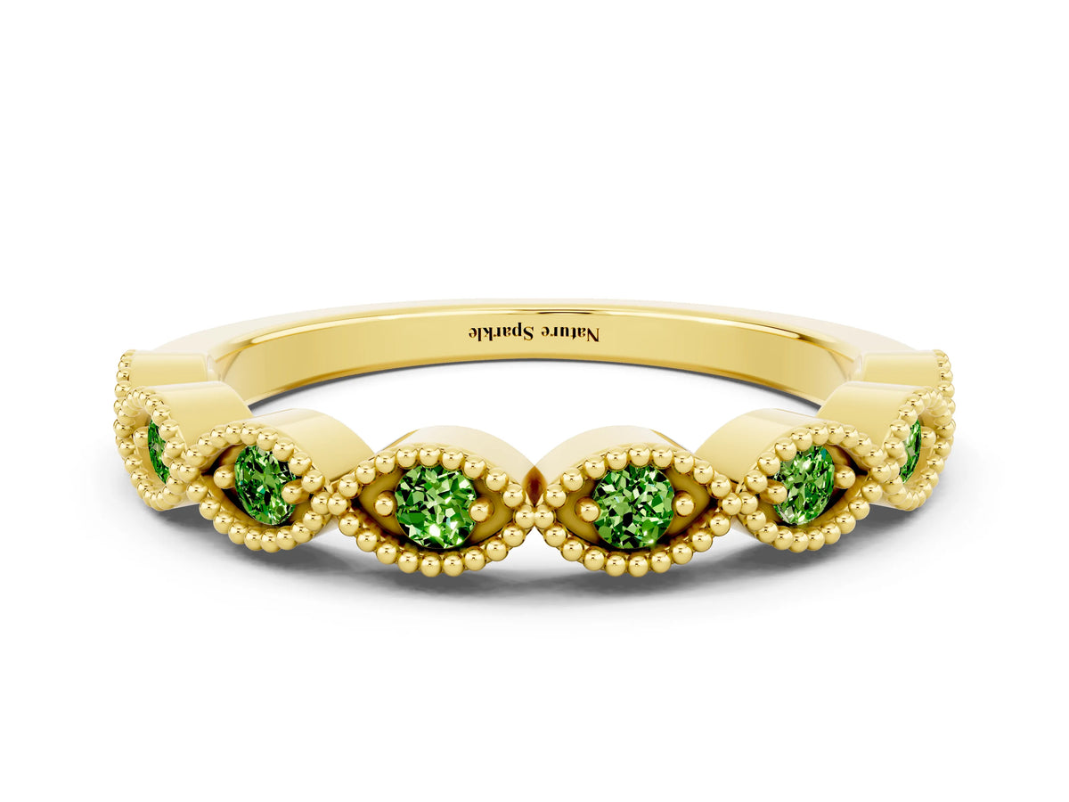 Marquise Peridot Milgrain Half Eternity Band in Yellow gold with Bezel Setting