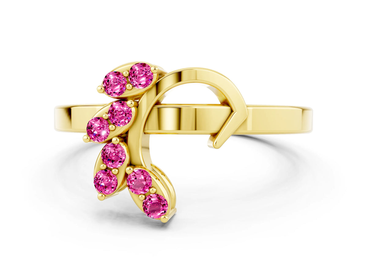 Marquise Pink Sapphire Floral Cluster Bypass Ring in Yellow gold with Prong Setting